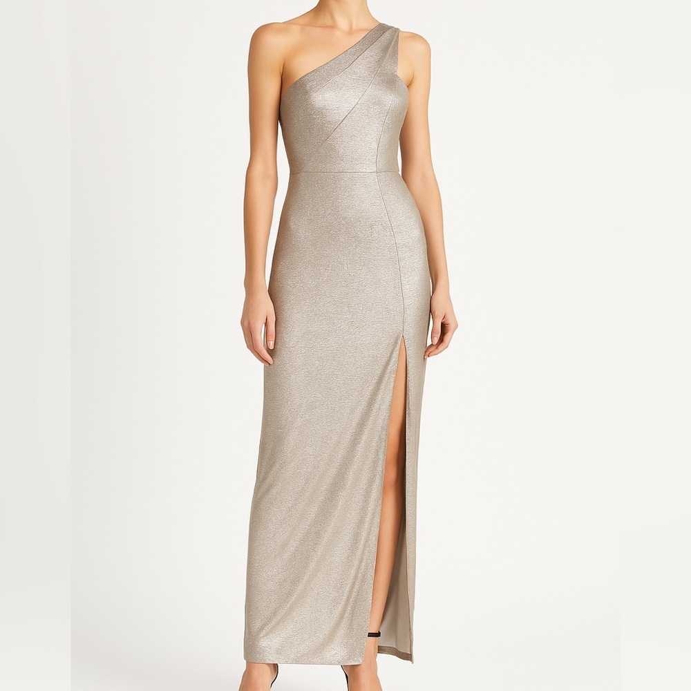 Aidan Mattox Metallic One Shoulder Gown Formal Slit Dress Size 8 NWT